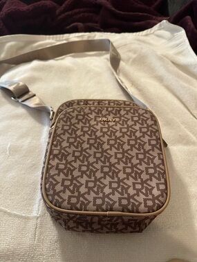 DKNY Tan and Brown Monogram Crossbody Bag